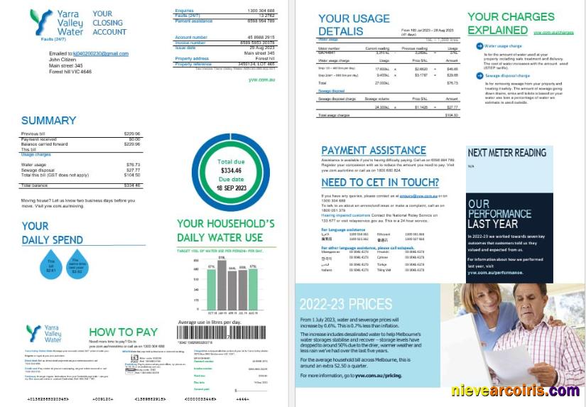 Melbourne Yarra Valley Water water utility bill, 2 pages